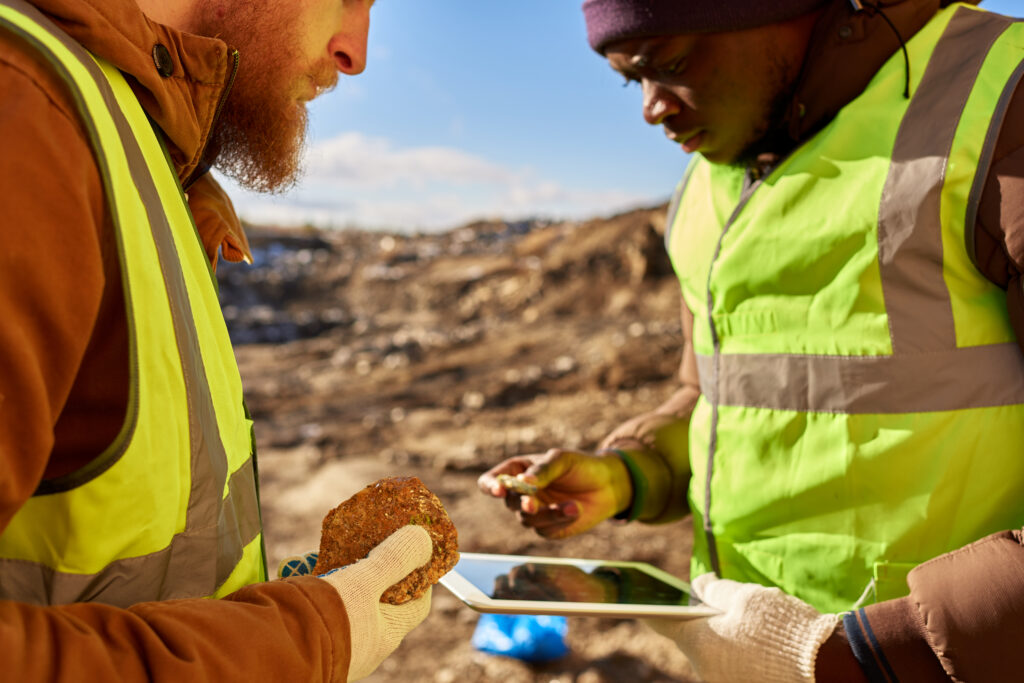 Mid-section portrait of two industrial workers wearing reflective jackets, one of them African, inspecting mineral ore on site outdoors and using digital tablet. use of technology for successful inspection