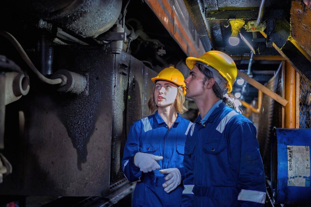 male and female engineers working on machine maintenance