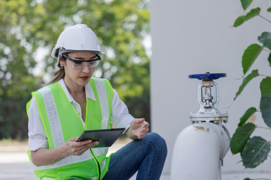 female worker monitors valve outdoors on tablet