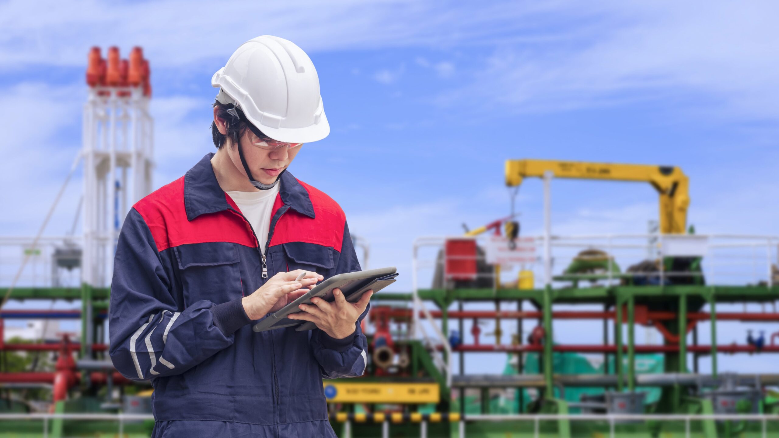 engineer using digital tablet near cranes
