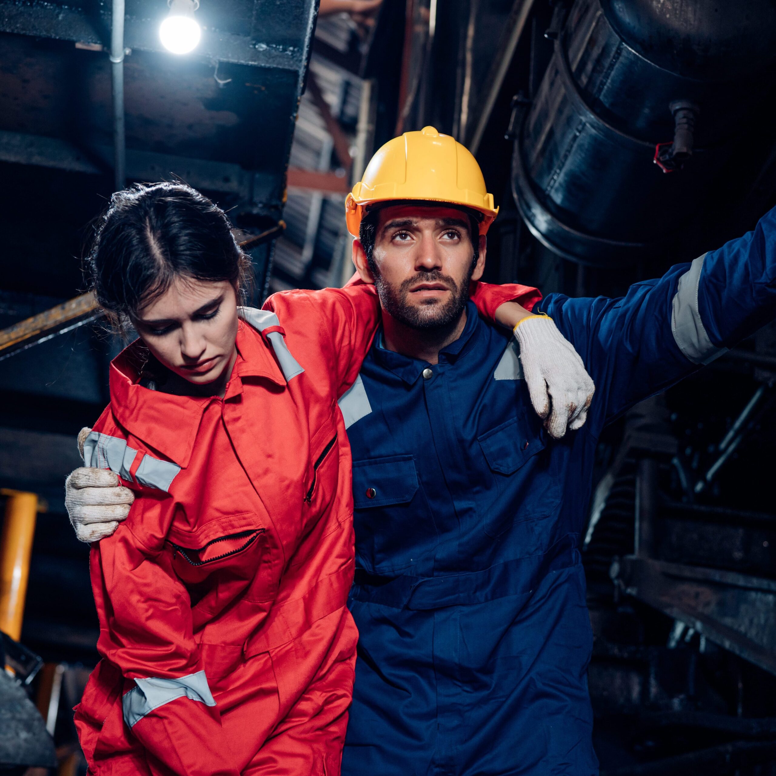 foreman in workwear helping injured female colleague